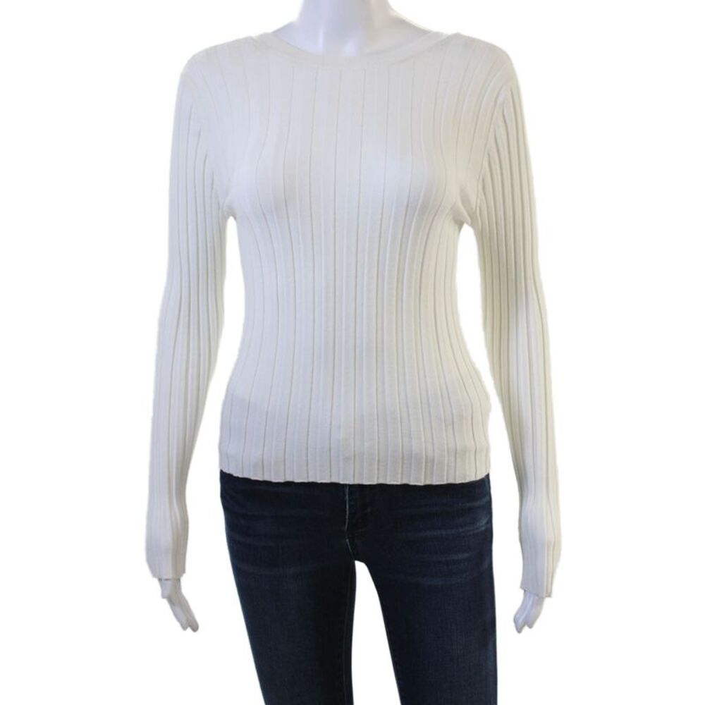 ITMFL Women Pullover Sweater Striped Round Neck Long Sleeve White Size M